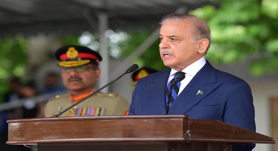 Pakistan's Prime Minister Shehbaz Sharif, speaks during the passing out ceremony of 151st Long Course at the Pakistan Military Academy Kakul, Abbottabad